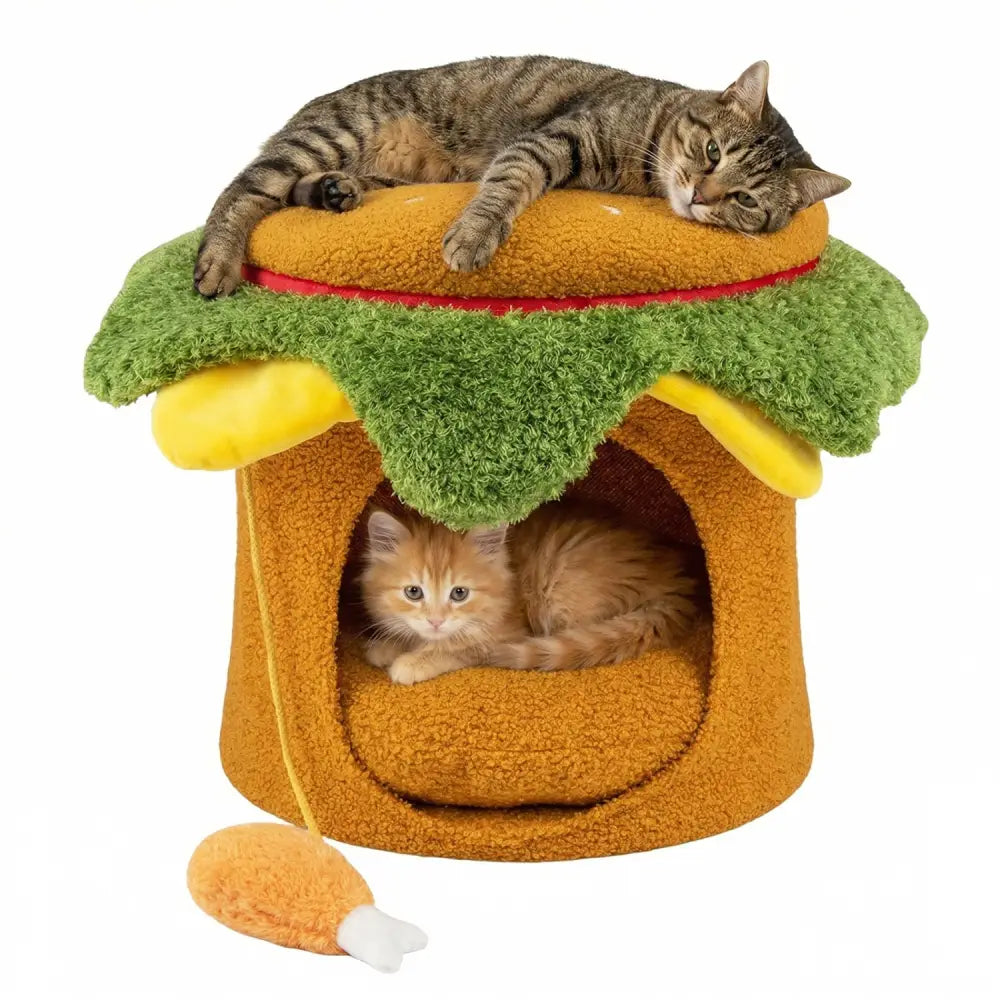 Hamburger Cat Nest with Chicken Drumstick Toy and Removable Cushion for Indoor Cats-Yellow - Yellow - Cat Houses