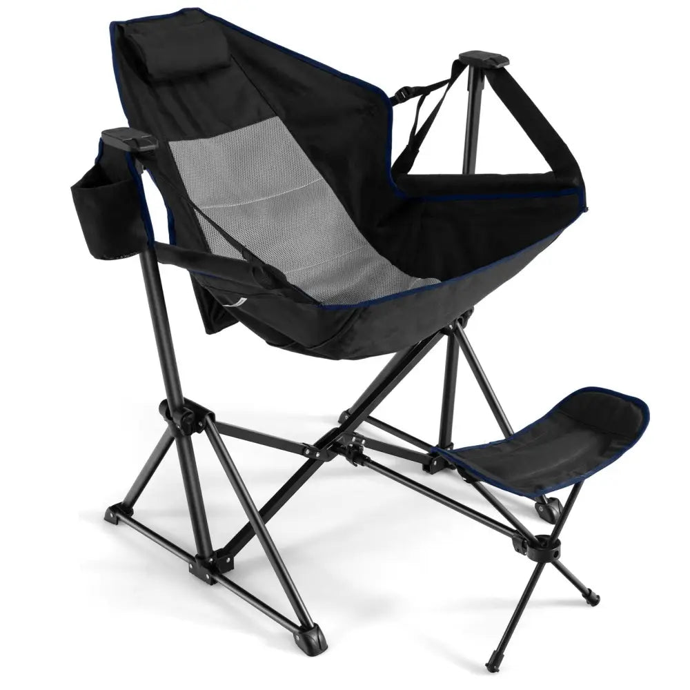 Hammock Camping Chair with Retractable Footrest and Carrying Bag-Black - Black - Camping Furniture