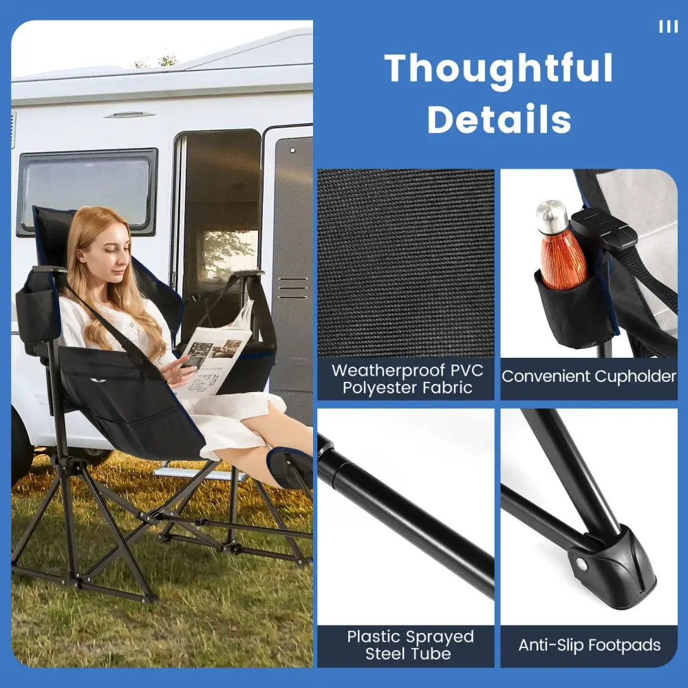 Hammock Camping Chair with Retractable Footrest and Carrying Bag-Black - Black - Camping Furniture