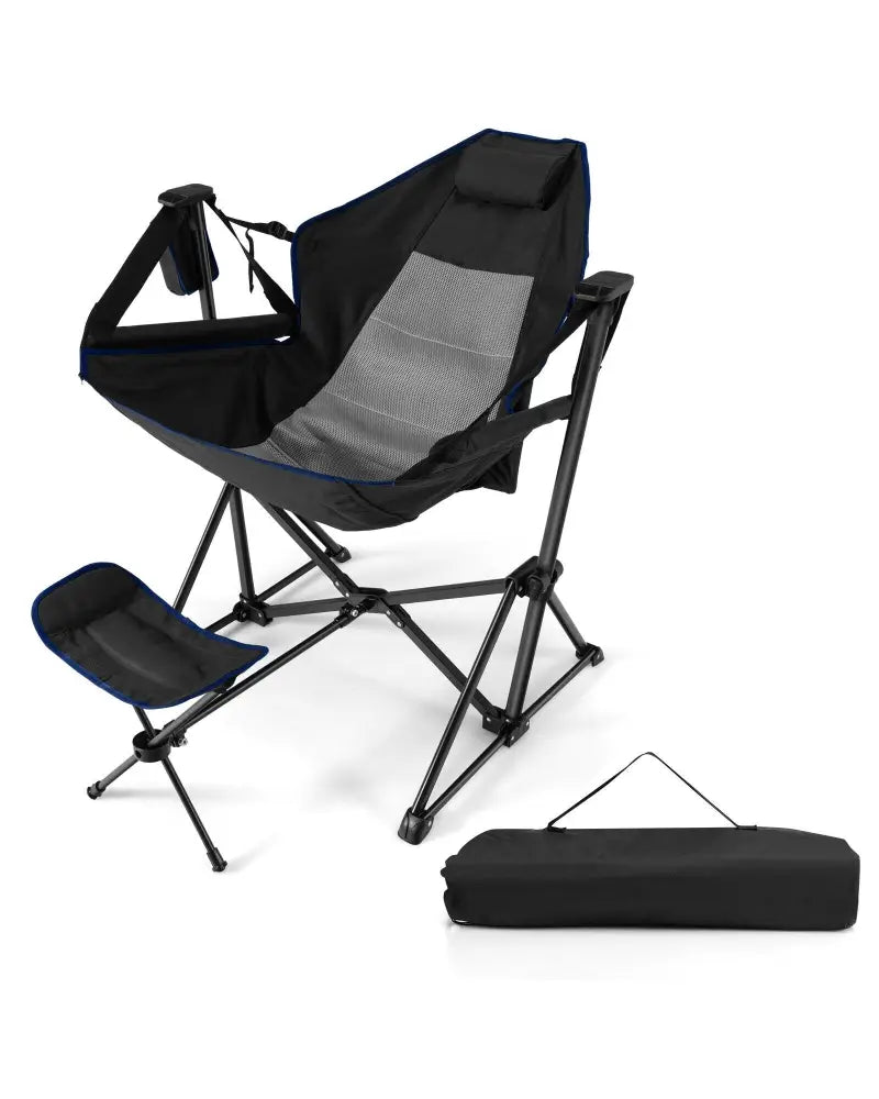 Hammock Camping Chair with Retractable Footrest and Carrying Bag-Black - Black - Camping Furniture