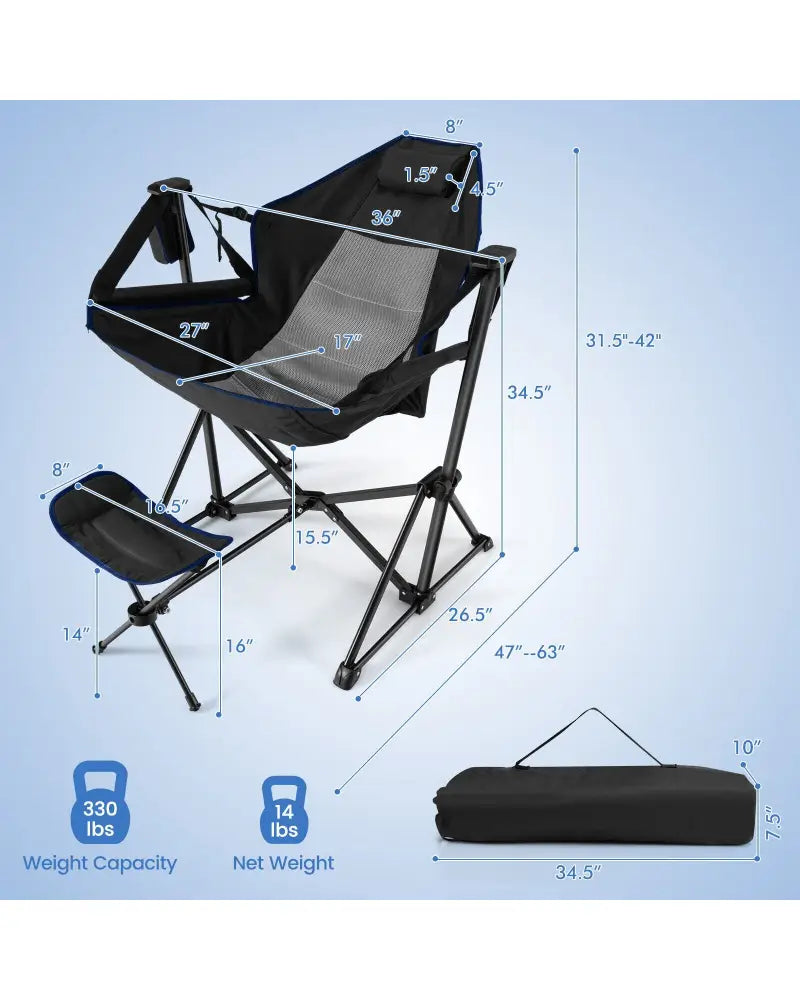 Hammock Camping Chair with Retractable Footrest and Carrying Bag-Black - Black - Camping Furniture