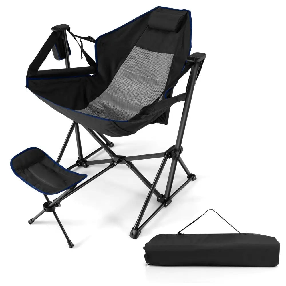Hammock Camping Chair with Retractable Footrest and Carrying Bag-Black - Black - Camping Furniture