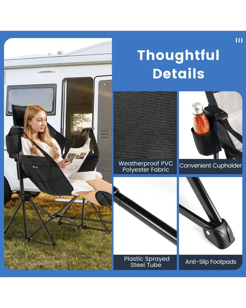 Hammock Camping Chair with Retractable Footrest and Carrying Bag-Black - Black - Camping Furniture