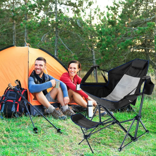 Hammock Camping Chair with Retractable Footrest and Carrying Bag-Black - Black - Camping Furniture