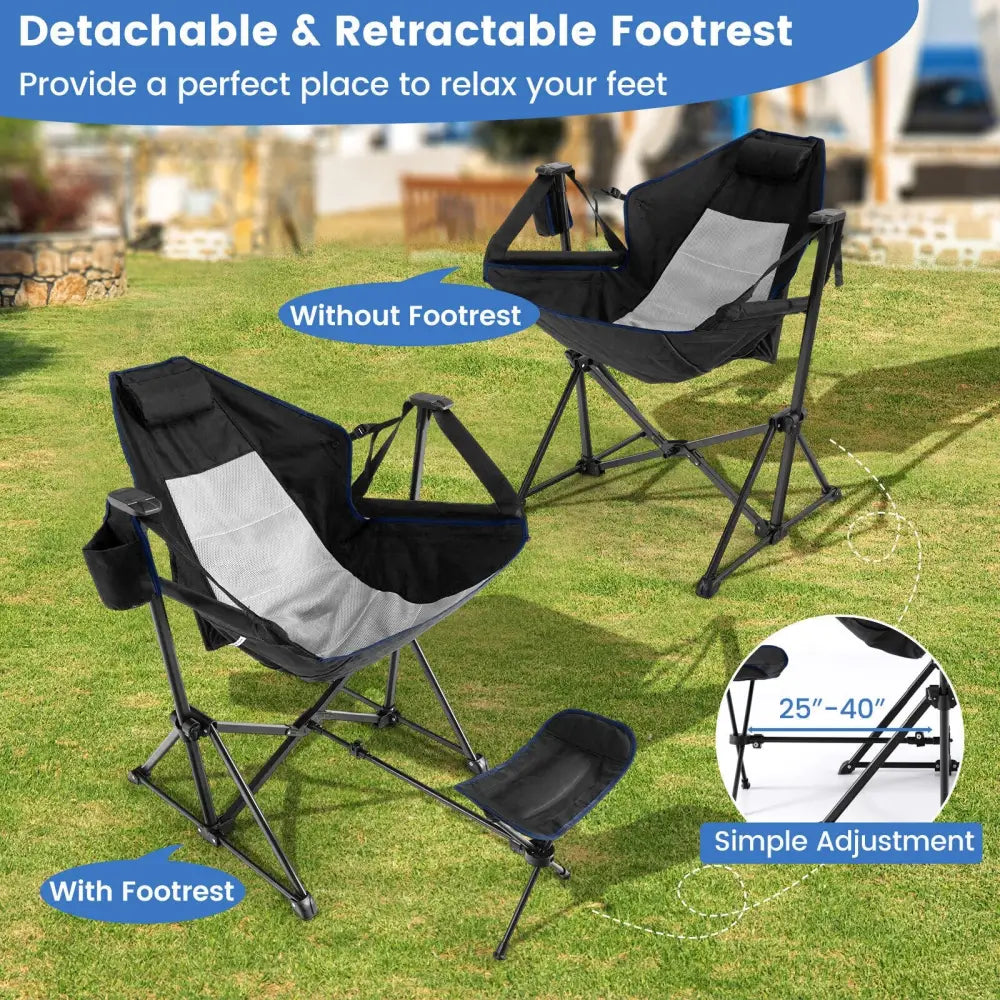 Hammock Camping Chair with Retractable Footrest and Carrying Bag-Black - Black - Camping Furniture