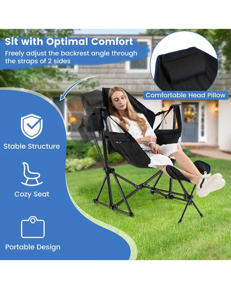 Hammock Camping Chair with Retractable Footrest and Carrying Bag-Black - Black - Camping Furniture