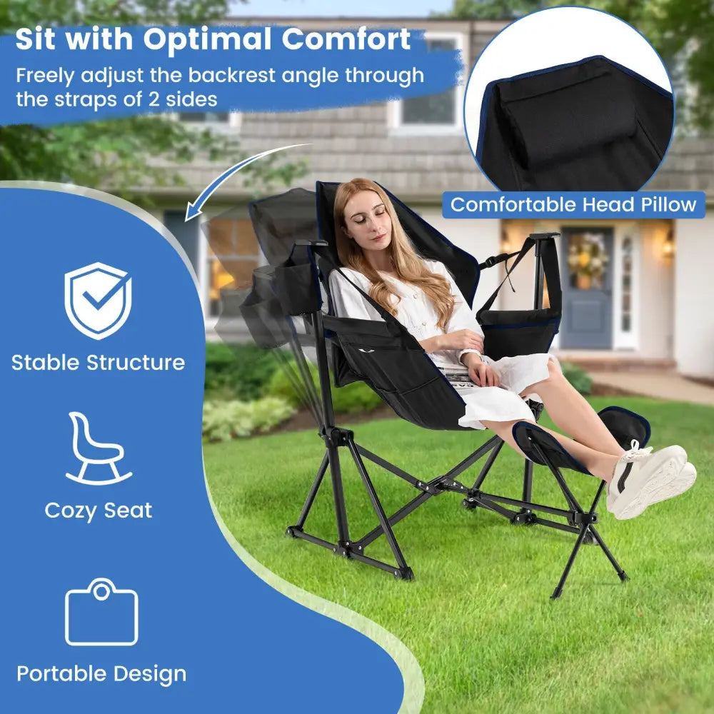 Hammock Camping Chair with Retractable Footrest and Carrying Bag-Black - Black - Camping Furniture