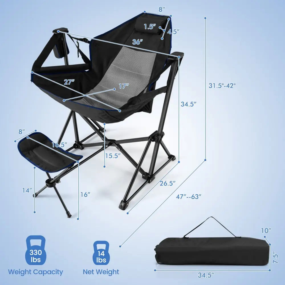 Hammock Camping Chair with Retractable Footrest and Carrying Bag-Black - Black - Camping Furniture