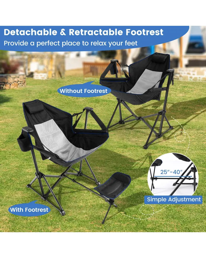 Hammock Camping Chair with Retractable Footrest and Carrying Bag-Black - Black - Camping Furniture