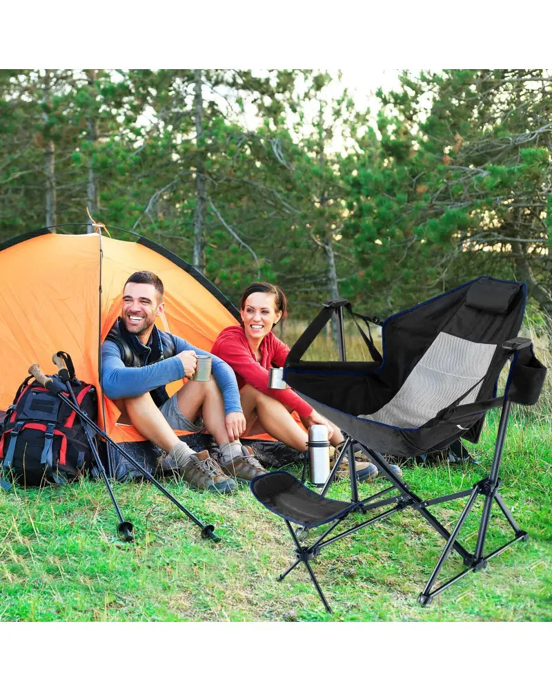 Hammock Camping Chair with Retractable Footrest and Carrying Bag-Black - Black - Camping Furniture