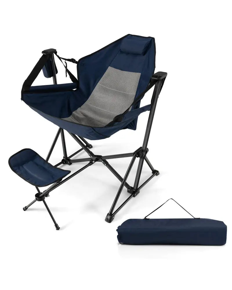 Hammock Camping Chair with Retractable Footrest and Carrying Bag-Navy - Navy - Camping Furniture