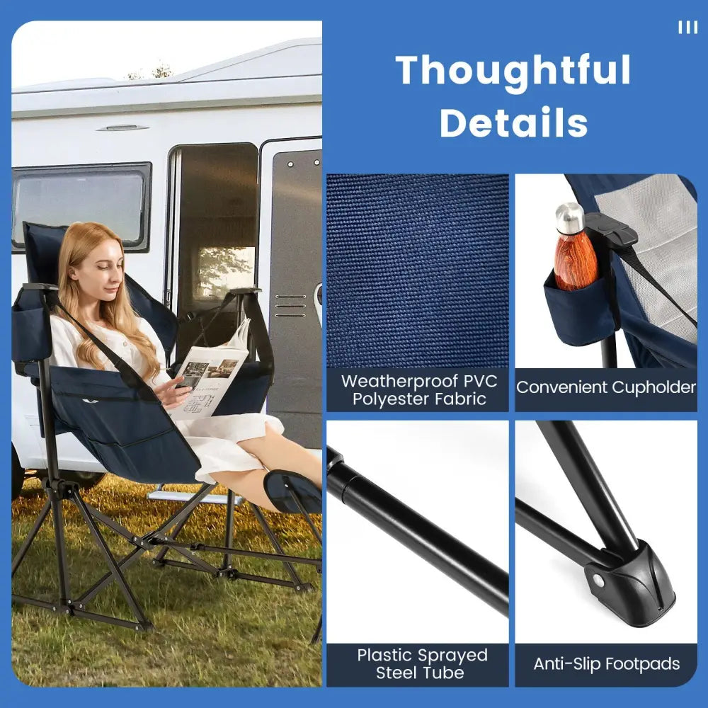 Hammock Camping Chair with Retractable Footrest and Carrying Bag-Navy - Navy - Camping Furniture