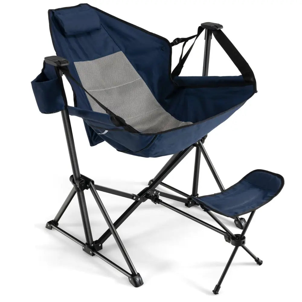 Hammock Camping Chair with Retractable Footrest and Carrying Bag-Navy - Navy - Camping Furniture