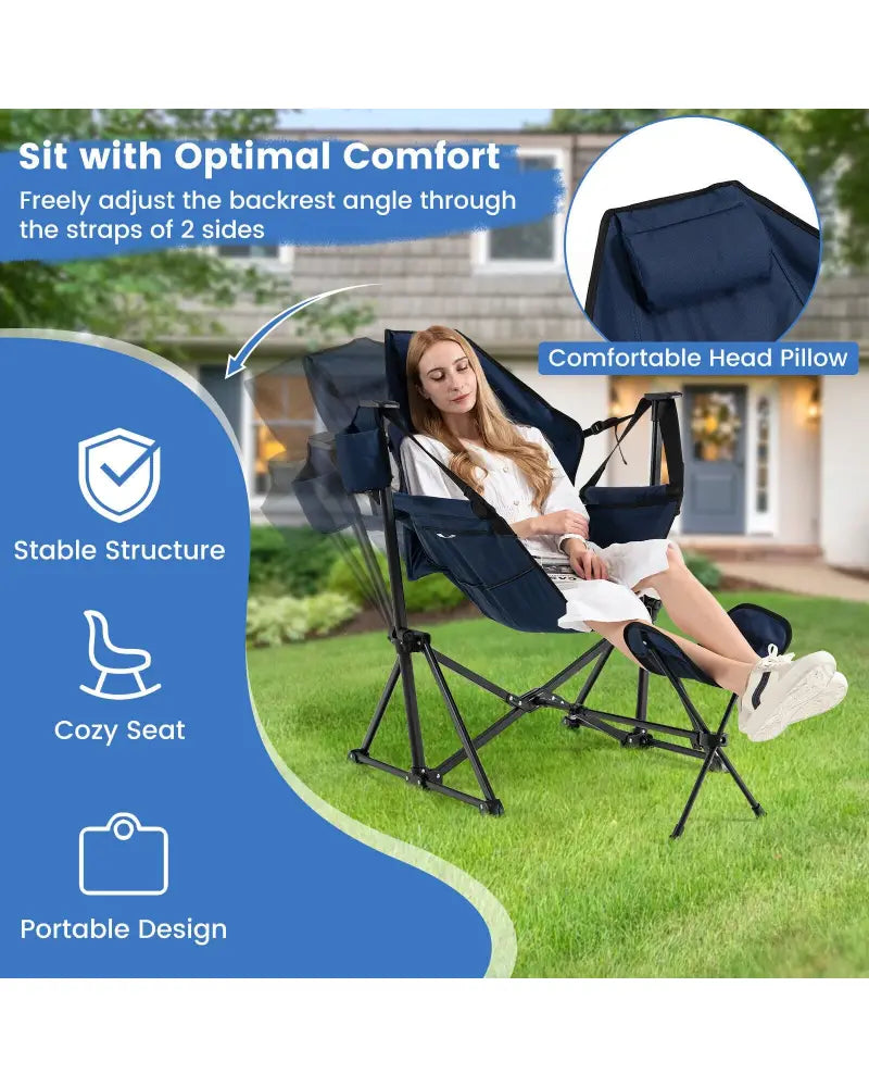 Hammock Camping Chair with Retractable Footrest and Carrying Bag-Navy - Navy - Camping Furniture