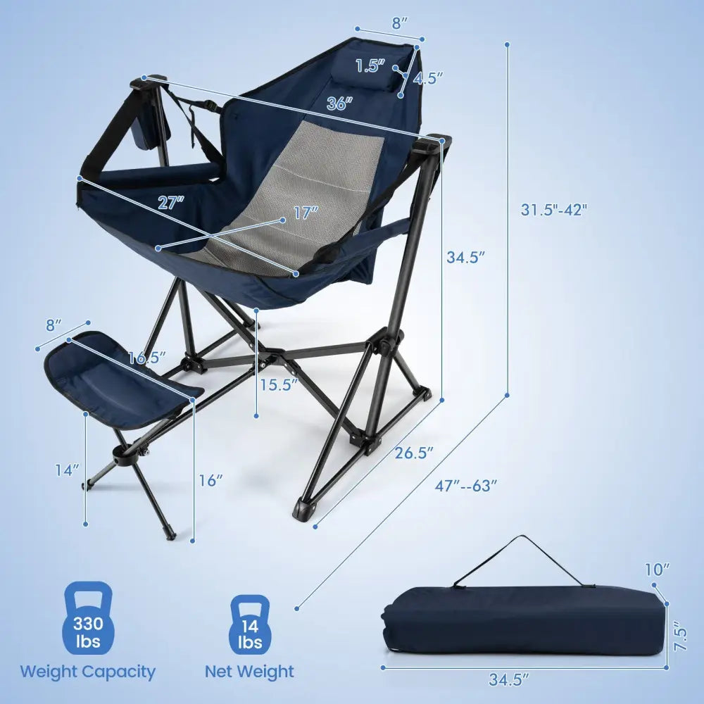 Hammock Camping Chair with Retractable Footrest and Carrying Bag-Navy - Navy - Camping Furniture