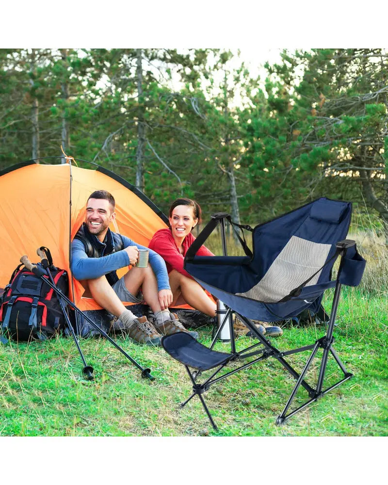 Hammock Camping Chair with Retractable Footrest and Carrying Bag-Navy - Navy - Camping Furniture