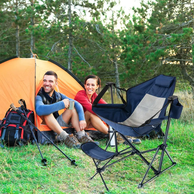 Hammock Camping Chair with Retractable Footrest and Carrying Bag-Navy - Navy - Camping Furniture