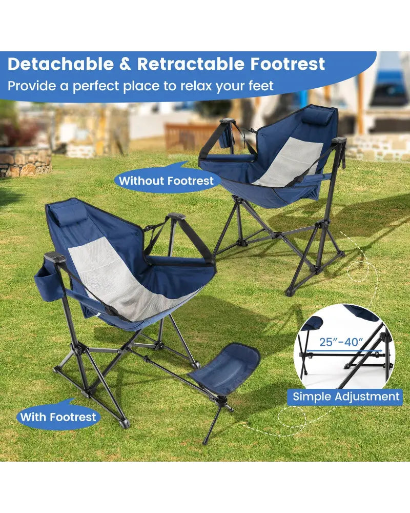 Hammock Camping Chair with Retractable Footrest and Carrying Bag-Navy - Navy - Camping Furniture