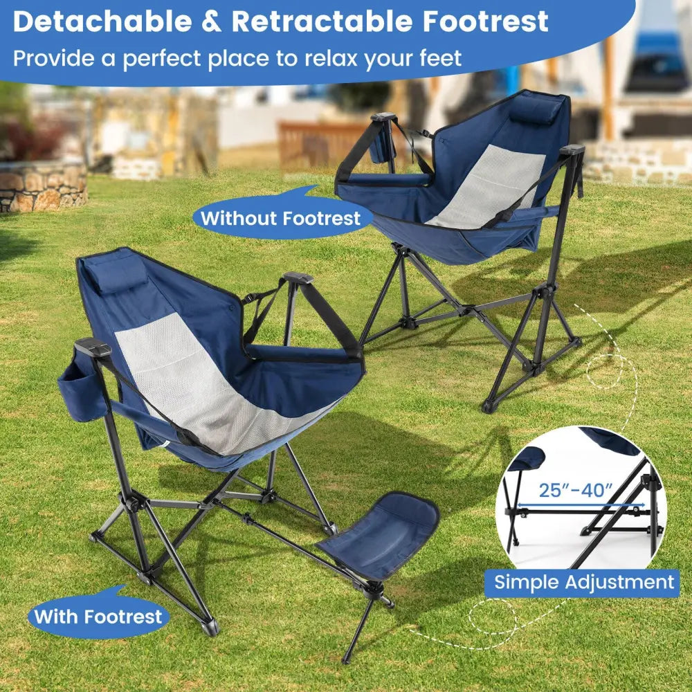 Hammock Camping Chair with Retractable Footrest and Carrying Bag-Navy - Navy - Camping Furniture
