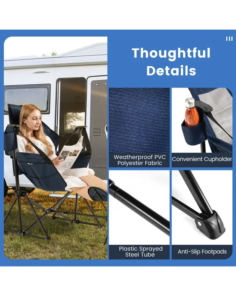 Hammock Camping Chair with Retractable Footrest and Carrying Bag-Navy - Navy - Camping Furniture
