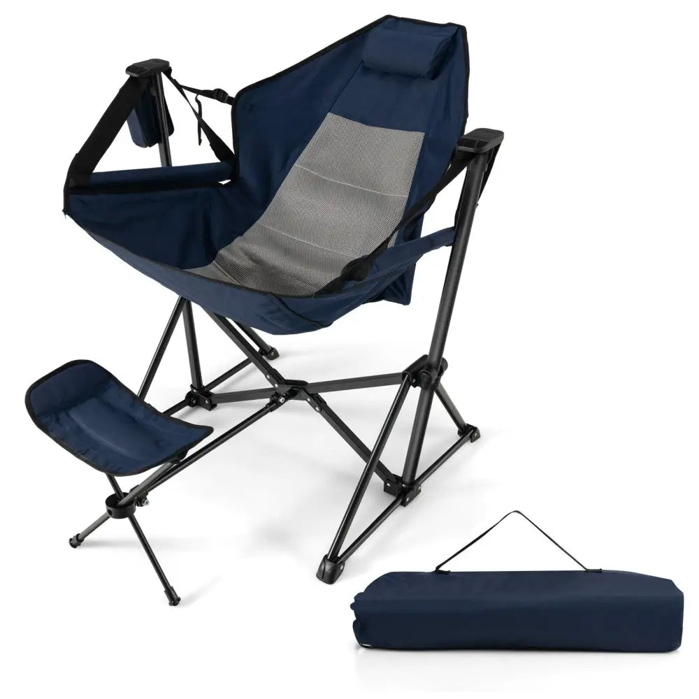 Hammock Camping Chair with Retractable Footrest and Carrying Bag-Navy - Navy - Camping Furniture