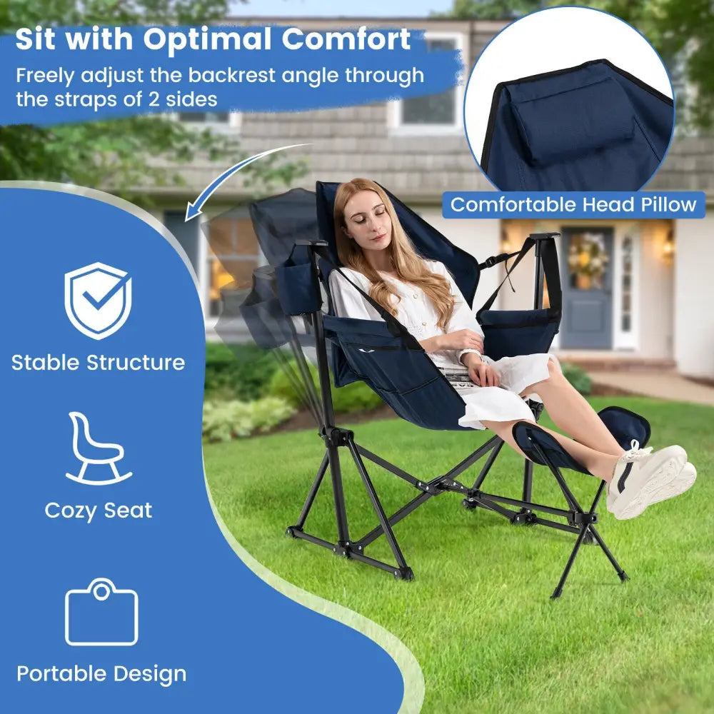 Hammock Camping Chair with Retractable Footrest and Carrying Bag-Navy - Navy - Camping Furniture