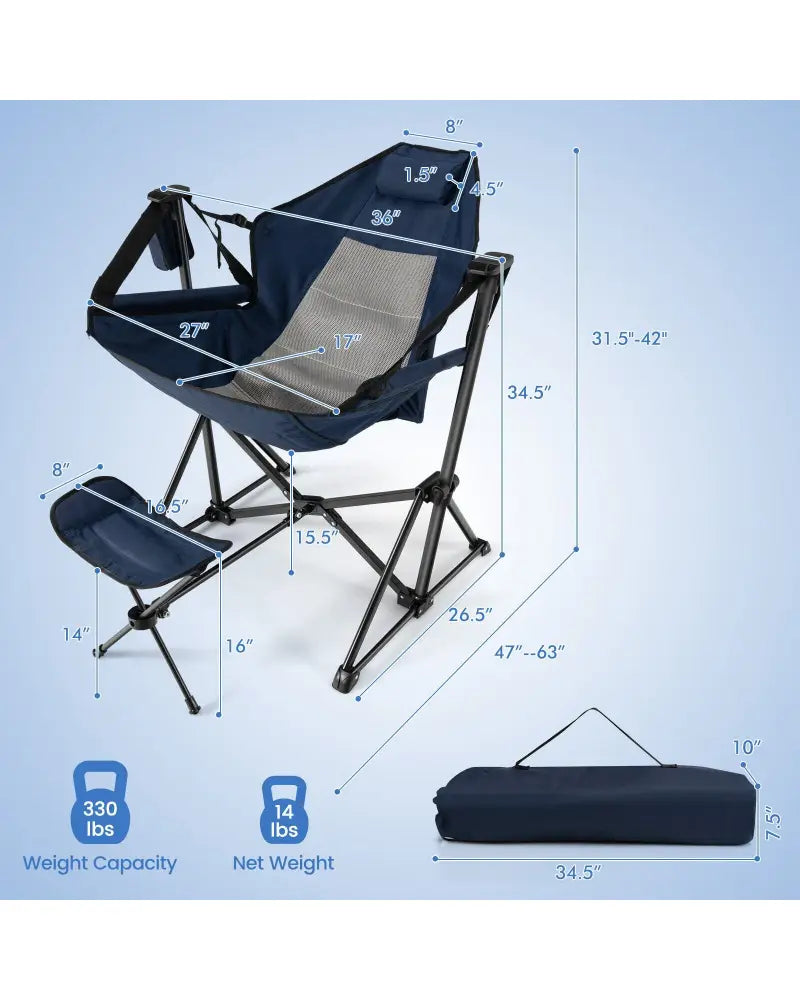 Hammock Camping Chair with Retractable Footrest and Carrying Bag-Navy - Navy - Camping Furniture
