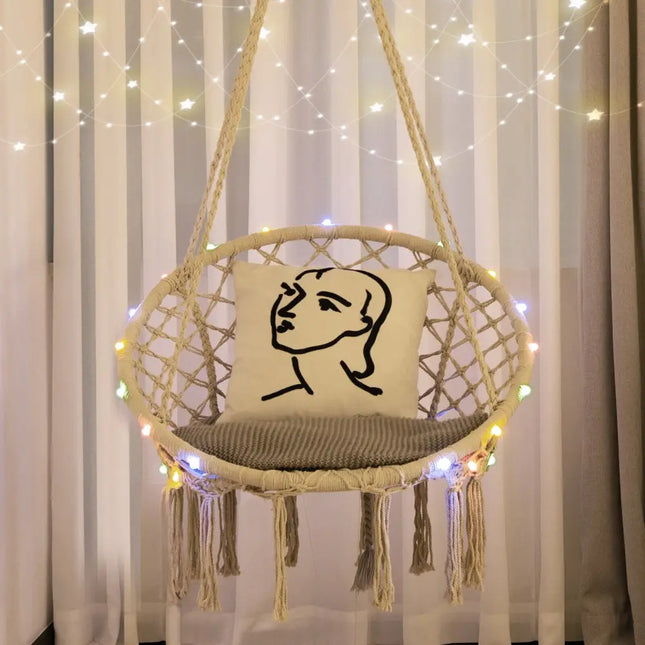 Hammock Chair LED Lights Hanging Swing Indoor Outdoor - Beige - Hammocks