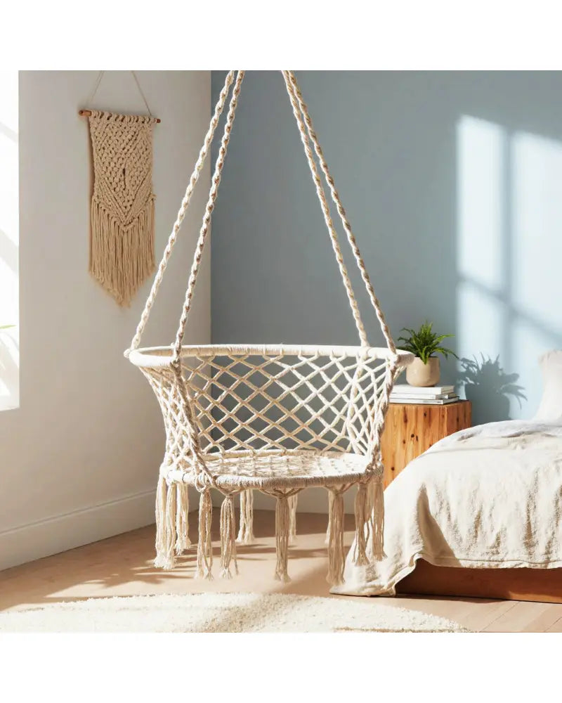 Hammock Chair Macrame Swing Hanging Cotton Rope Chair-Beige - Beige - Hammocks
