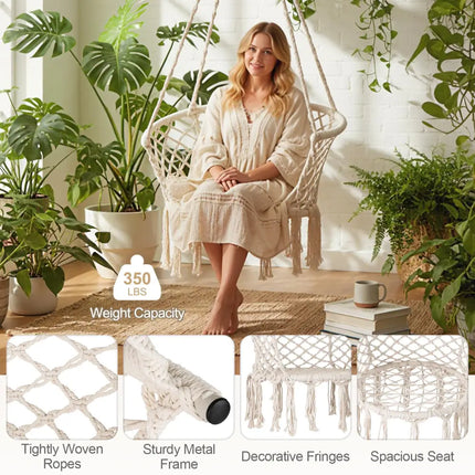 Hammock Chair Macrame Swing Hanging Cotton Rope Chair-Beige - Beige - Hammocks