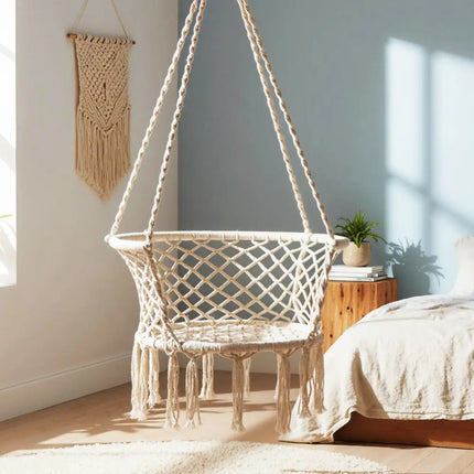 Hammock Chair Macrame Swing Hanging Cotton Rope Chair-Beige - Beige - Hammocks