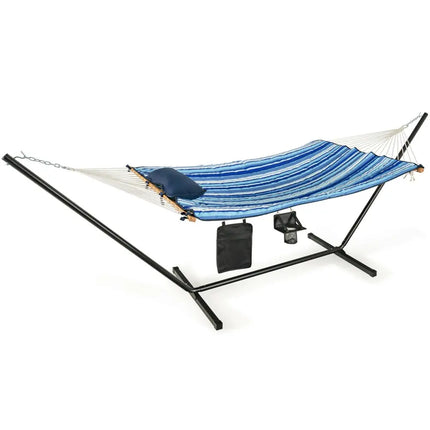 Hammock Chair Stand Set Cotton Swing with Pillow Cup Holder Indoor Outdoor - Blue - Hammocks