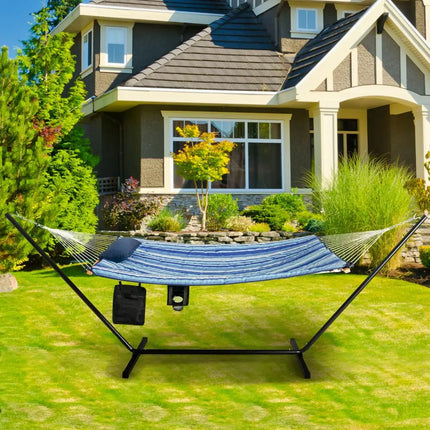 Hammock Chair Stand Set Cotton Swing with Pillow Cup Holder Indoor Outdoor - Blue - Hammocks