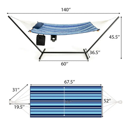 Hammock Chair Stand Set Cotton Swing with Pillow Cup Holder Indoor Outdoor - Blue - Hammocks