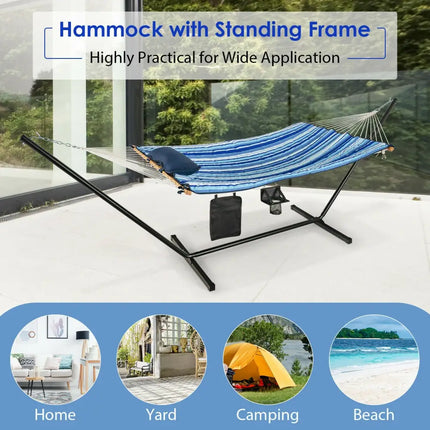 Hammock Chair Stand Set Cotton Swing with Pillow Cup Holder Indoor Outdoor - Blue - Hammocks
