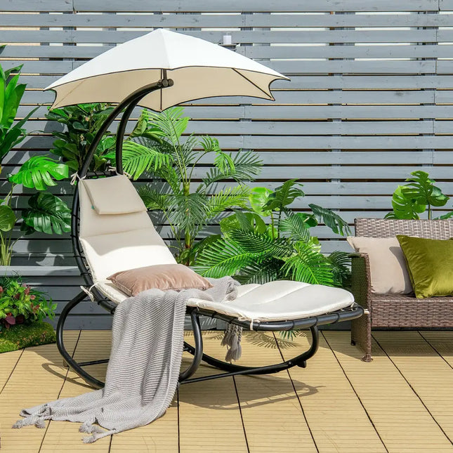 Hammock Chair with Shade Canopy and Built-in Pillow-Beige - Beige - Outdoor Chaise Lounges