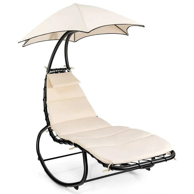 Hammock Chair with Shade Canopy and Built-in Pillow-Beige - Beige - Outdoor Chaise Lounges
