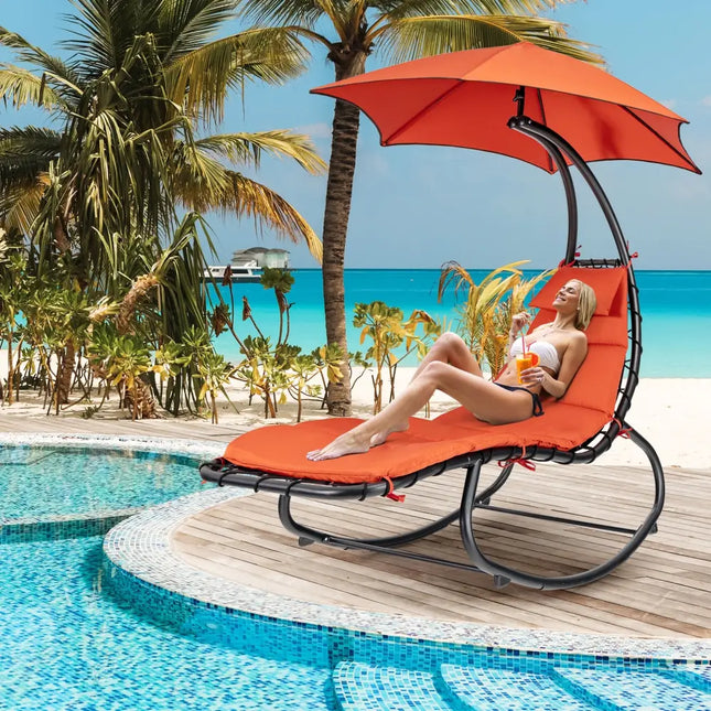 Hammock Chair with Shade Canopy and Built-in Pillow-Orange - Orange - Outdoor Chaise Lounges