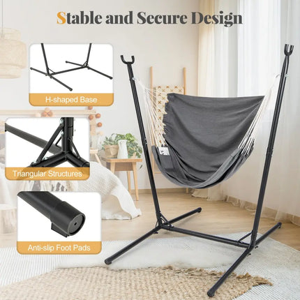 Hammock Chair with Stand 6-Position Adjustable Height and Side Pocket-Gray - Gray - Hammocks
