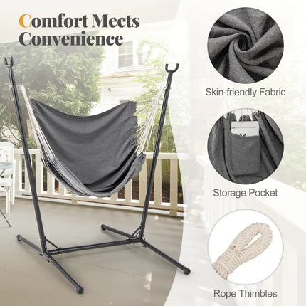 Hammock Chair with Stand 6-Position Adjustable Height and Side Pocket-Gray - Gray - Hammocks