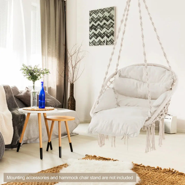 Hammock Chair with Thick Cushion & Macrame Holds up to 330 LBS-Beige - Beige - Hammocks