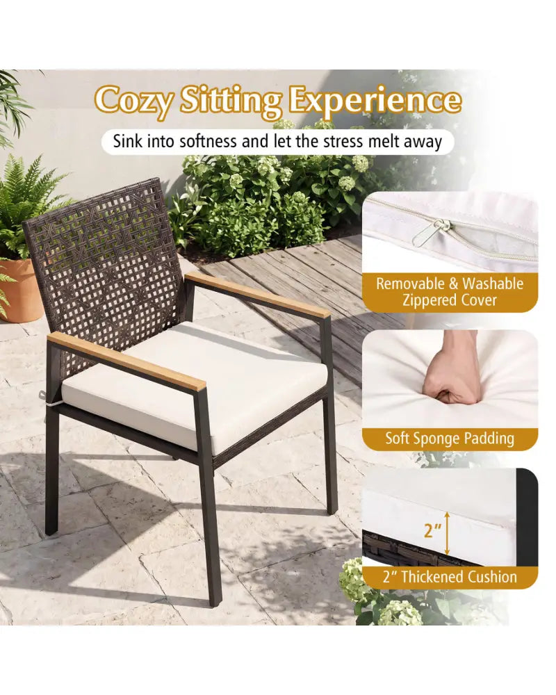 Hand-Woven PE Patio Dining Chairs Set of 4 with Acacia Wood Armrests for Yard-Beige - Beige - Patio Dining Chairs