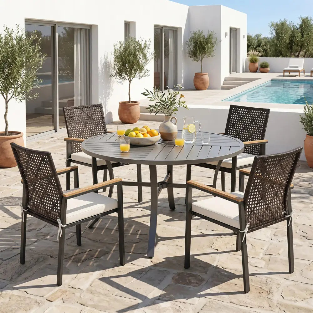 Hand-Woven PE Patio Dining Chairs Set of 4 with Acacia Wood Armrests for Yard-Beige - Beige - Patio Dining Chairs
