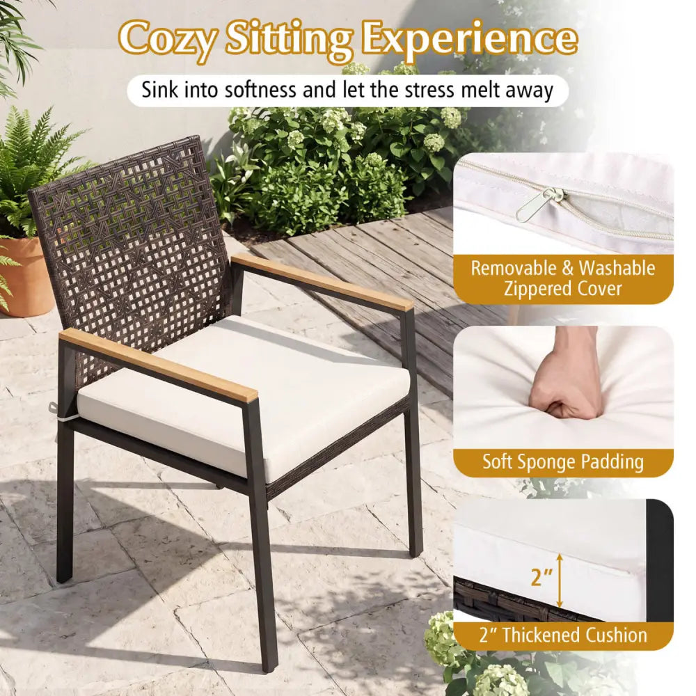 Hand-Woven PE Patio Dining Chairs Set of 4 with Acacia Wood Armrests for Yard-Beige - Beige - Patio Dining Chairs