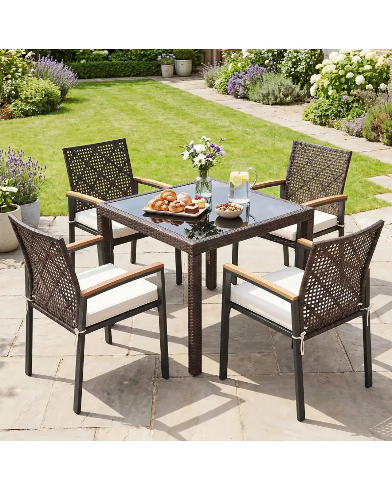 Hand-Woven PE Patio Dining Chairs Set of 4 with Acacia Wood Armrests for Yard-Beige - Beige - Patio Dining Chairs