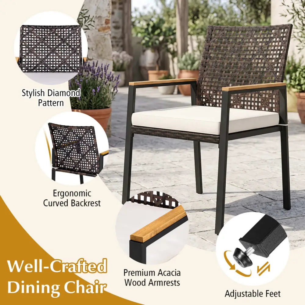 Hand-Woven PE Patio Dining Chairs Set of 4 with Acacia Wood Armrests for Yard-Beige - Beige - Patio Dining Chairs