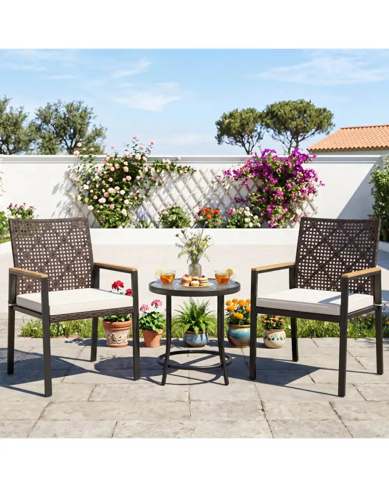 Hand-Woven PE Patio Dining Chairs Set of 4 with Acacia Wood Armrests for Yard-Beige - Beige - Patio Dining Chairs