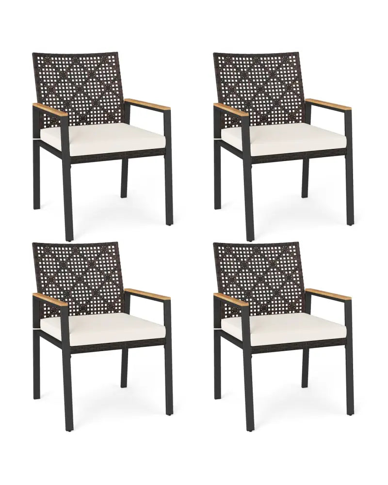 Hand-Woven PE Patio Dining Chairs Set of 4 with Acacia Wood Armrests for Yard-Beige - Beige - Patio Dining Chairs