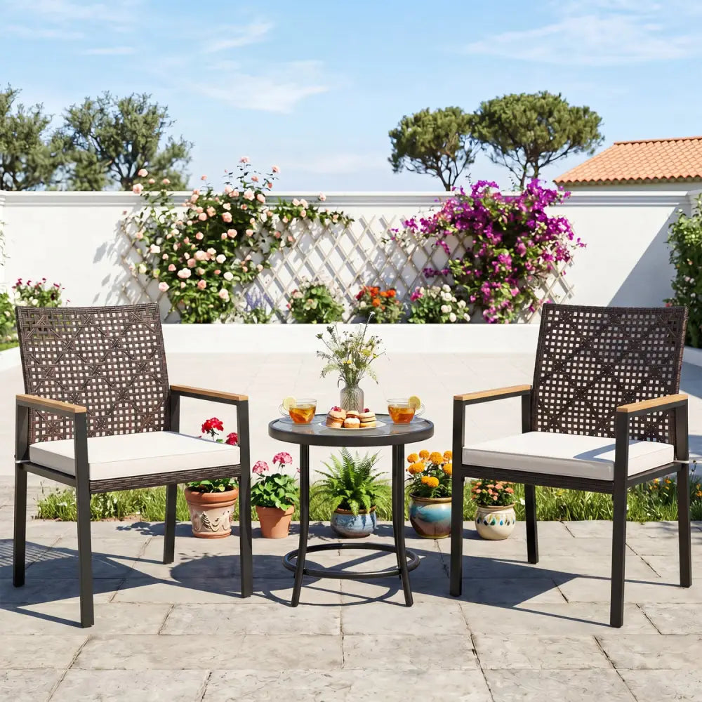 Hand-Woven PE Patio Dining Chairs Set of 4 with Acacia Wood Armrests for Yard-Beige - Beige - Patio Dining Chairs