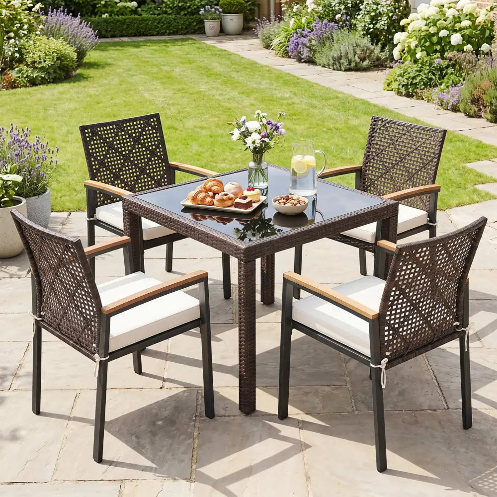Hand-Woven PE Patio Dining Chairs Set of 4 with Acacia Wood Armrests for Yard-Beige - Beige - Patio Dining Chairs